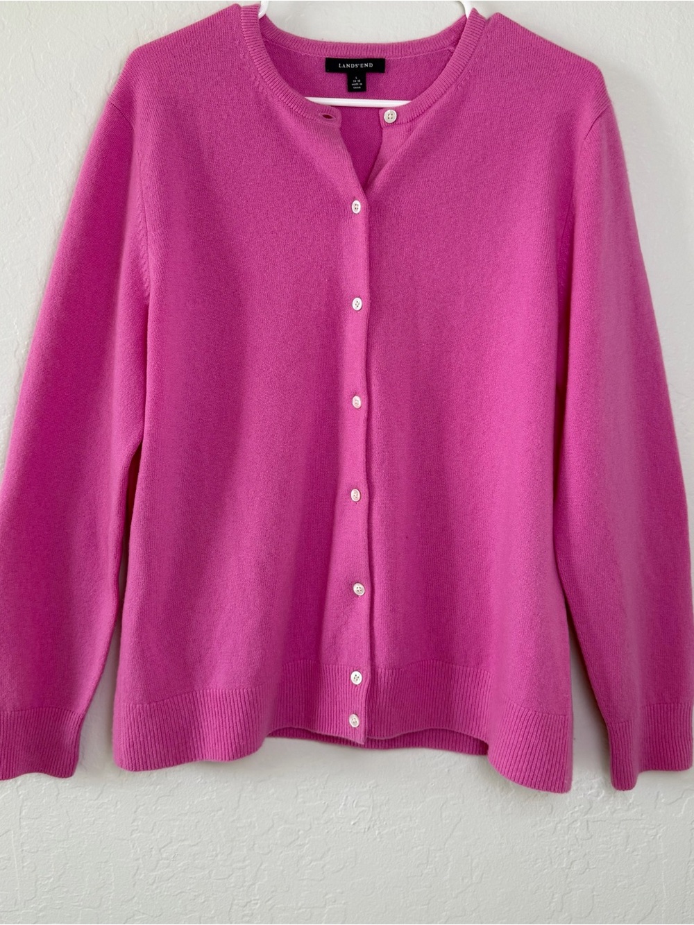 Lands' End 100% Cashmere Bright Pink Crewneck Cardigan Size L (14/16)